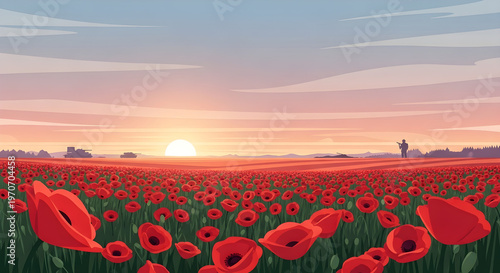 Stylized Red Poppy Field Landscape Illustration at Golden Hour Sunset for Eid al-Adha