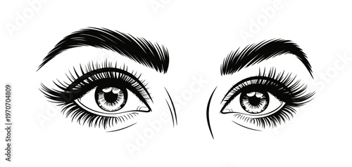 A pair of striking female eyes with long eyelashes and perfectly shaped eyebrows looking forward.