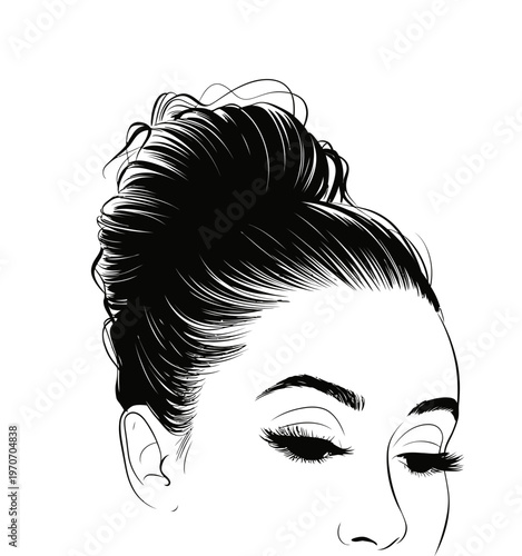 A stylish black and white illustration of a woman with closed eyes and a trendy messy hair bun hairstyle.