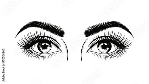 A bold black and white illustration showcasing a pair of intense female eyes with voluminous eyelashes and strong eyebrows.