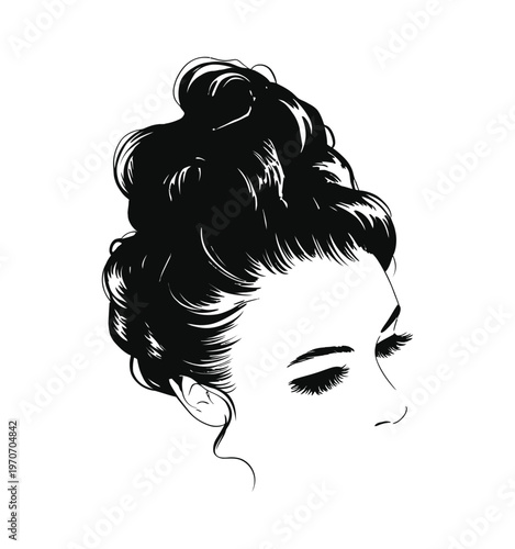 A serene black and white illustration showing a woman with closed eyes and a beautifully messy, high bun hairstyle.
