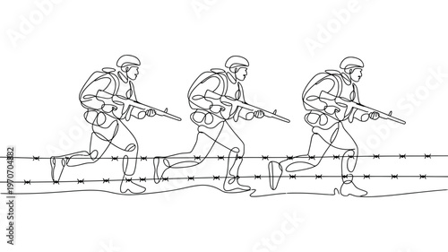 A detailed monochrome line drawing showing three armed soldiers actively running across a battlefield with barbed wire.