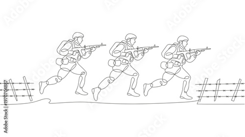 A dynamic line art illustration depicting three soldiers in uniform running through a field with barbed wire obstacles.