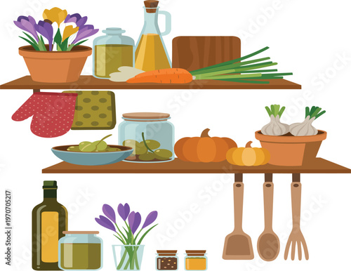 Kitchen shelves vector illustration, pantry organization with food, jars, oils, vegetables, flowers, cooking utensils design