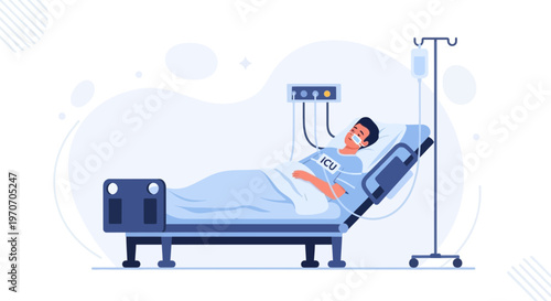 Patient in ICU bed with medical equipment, illustration