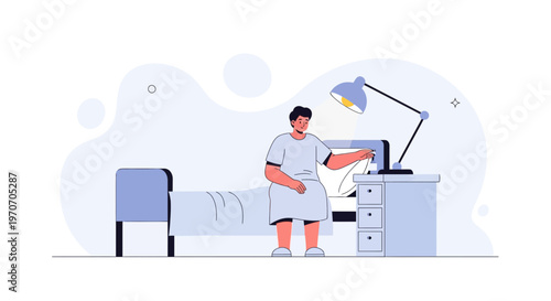 Patient sitting on hospital bed near desk with lamp and computer