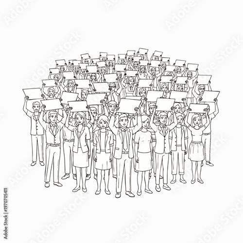 Group of diverse people holding blank signs for protest or demonstration, vector illustration