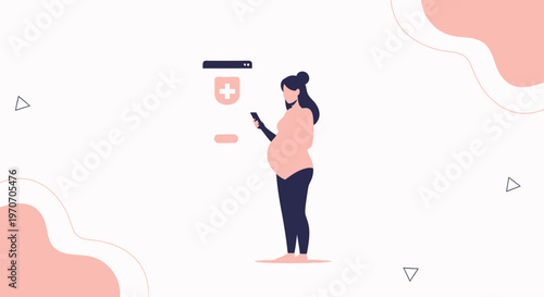 Pregnant woman using smartphone for healthcare app with medical icon
