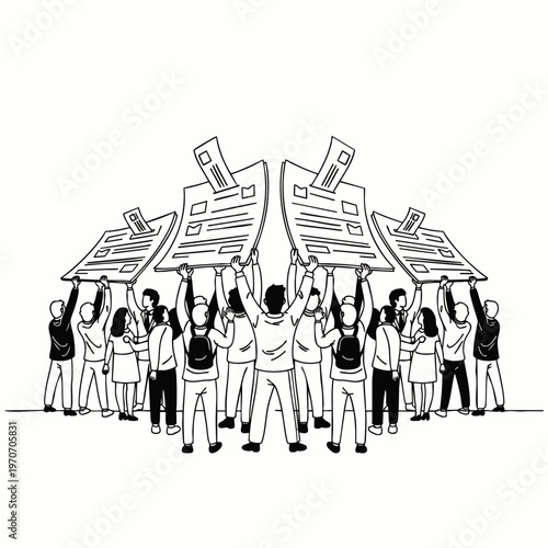 Group of people holding up documents and signs in protest or demonstration, vector illustration