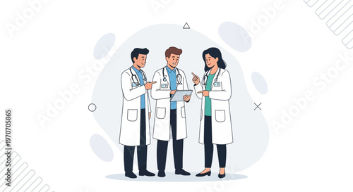 Three doctors in white coats discussing medical case on tablet