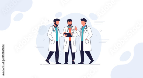 Three doctors in lab coats discussing medical case on tablet
