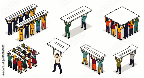 Diverse group of people working together to carry a large table, symbolizing teamwork and collaboration in business and projects.