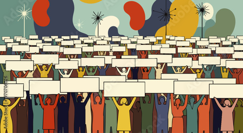 Diverse crowd of people holding blank signs in a protest or demonstration, symbolizing unity and collective action.