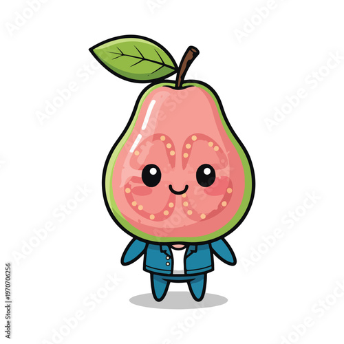 Cute anthropomorphic guava fruit character with pink flesh and green skin wearing a blue denim jacket and pants, kawaii smiling mascot illustration isolated on white background