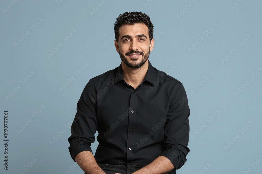 Obraz premium Young businessman sitting on stool in studio isolated on pastel background
