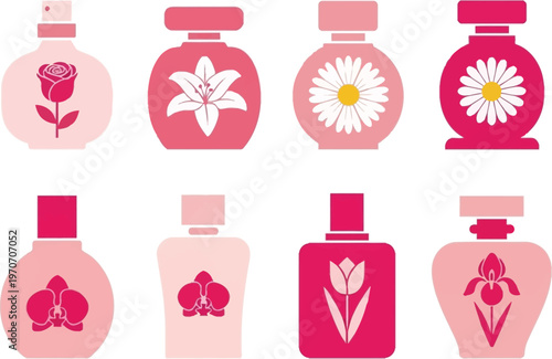 Collection of elegant perfume bottles with floral designs flat vector illustrations for beauty and fragrance branding isolated on white background