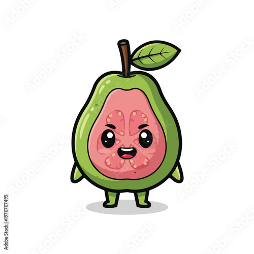 Cartoon guava character mascot illustration showing a cross-section of pink pulp with seeds, green skin, a single leaf on a stem, and a smiling face with large eyes on white background.