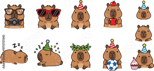 Cute Cartoon Bear in Various Poses with Party Hats, Sunglasses, and Fun Props, Hand-Drawn Vector Illustration for Animal, Celebration, and Fun Designs