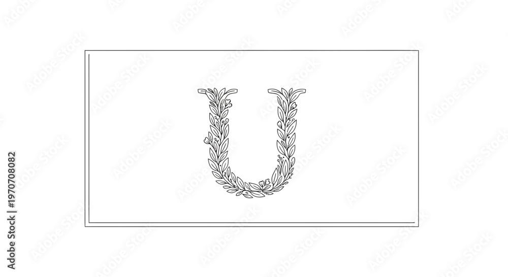 Fototapeta premium Elegant Floral Letter U Monogram, Botanical Alphabet, Decorative Initial, Vintage Design