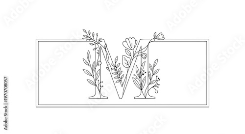 Elegant Floral Letter M Monogram with Botanical Elements in a Rectangle Frame