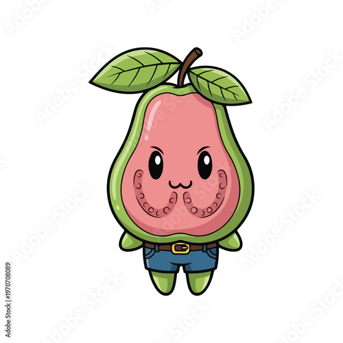 Kawaii anthropomorphic pink guava character illustration featuring a cross-section with seeds, green skin, and leaves, wearing blue denim shorts with a belt, on white background.