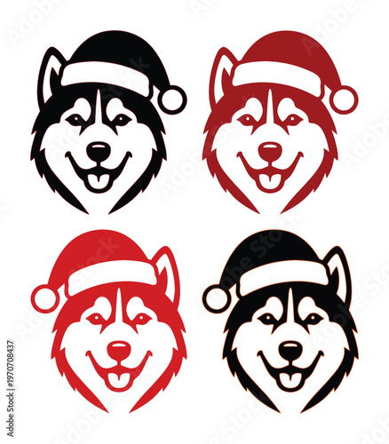 Christmas Siberian Husky dog head vector set, 4 festive husky portraits wearing Santa hats, winter holiday canine mascot illustrations in red and black