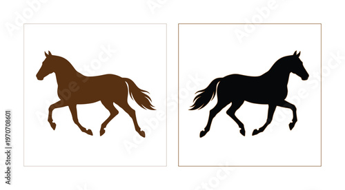 Galloping horse silhouette vector set, brown and black stallion running icons, equestrian animal side view graphics for logo design