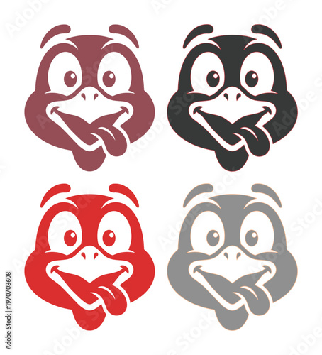 Funny turkey mascot head set, cartoon bird character with tongue out, set of 4 colorful poultry vector icons for Thanksgiving and food branding
