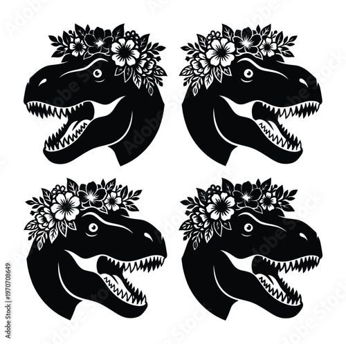 Floral Tyrannosaurus Rex silhouette vector set, black T-Rex head with flower crown, prehistoric dinosaur illustrations for vinyl cutting and crafts