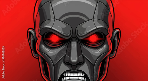 Close up of an aggressive metallic cyborg head with glowing red eyes