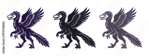 Mythical Archaeopteryx dinosaur vector set, prehistoric winged creature illustrations, black feathered raptor icons for fantasy gaming and education