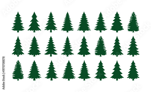 Evergreen pine tree silhouettes, collection of 24 dark green conifer icons, minimalist spruce and fir forest elements for winter holiday design