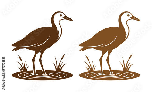 Vintage heron bird vector illustration, brown water bird silhouette in marsh, set of two wading bird icons for nature branding and logo design