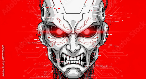 Futuristic cyborg head with glowing red eyes and digital interface grid