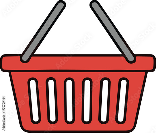 Red shopping basket icon with gray handles and slits for retail, commerce, and consumer goods design themes
