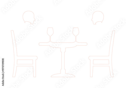 Minimalist line art of two people dining at a restaurant table, romantic dinner date outline vector, simple pink silhouette of a couple with wine glasses