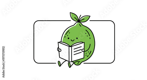 Cute lime character reading a book, sitting inside a rectangle, cartoon style