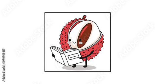 Cute Lychee Character Reading a Book, Cartoon Style
