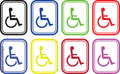 Colorful accessibility icons wheelchair symbols in various frames