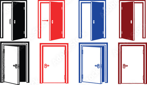 Six doors in various colors and styles open and closed