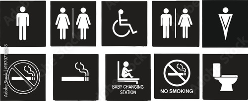Collection of black and white restroom and prohibition signs