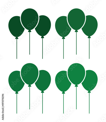 Green balloon icons in four shades, flat vector balloon bunches for celebration, emerald and forest green party balloons set for event design