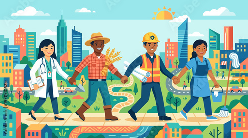 A diverse group of people including a doctor, farmer, engineer, and laborer walk hand-in-hand across a bridge in a vibrant cityscape with buildings and greenery.