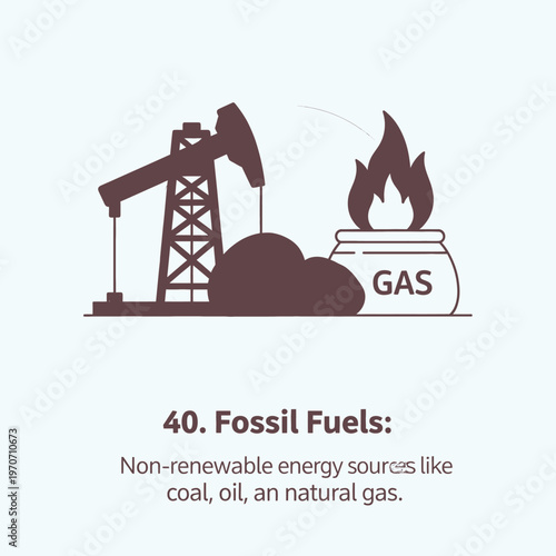 Minimalist illustration depicting an oil rig extracting crude oil and a container of natural gas with flames, symbolizing non-renewable fossil fuel energy sources for industrial power generation