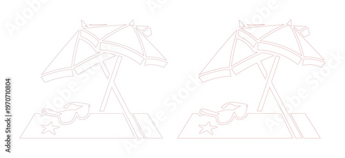 Minimalist beach umbrella line art vector, pink summer vacation icons with sunshade and beach towel, tropical holiday travel illustration