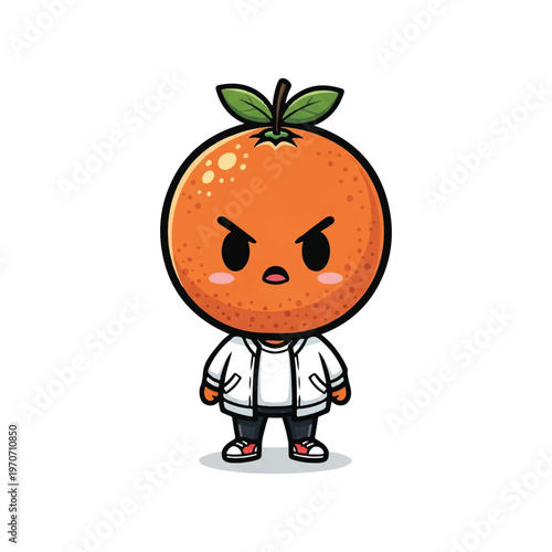 Anthropomorphic orange fruit character with a grumpy facial expression wearing a white zip-up jacket and red sneakers, isolated mascot illustration on a white background.