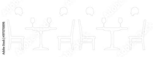 Minimalist restaurant floor plan icons, thin white line vector of dining tables and chairs, architectural furniture symbols for cafe layout design