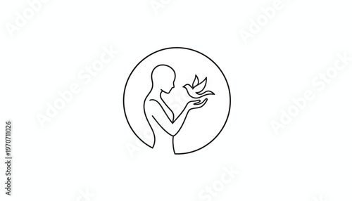 Woman releasing a dove, symbol of peace, freedom, and hope, minimalist line art.
