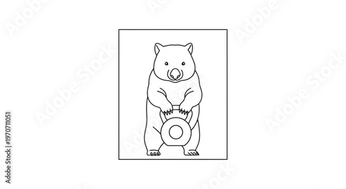 Wombat Lifting Kettlebell, Cute Animal Fitness, Line Art Illustration