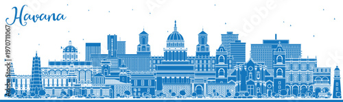 Outline Havana Cuba City Skyline with Blue Buildings. Illustration. Business Travel and Tourism Concept with Historic and Modern Architecture. Havana Cityscape with Landmarks.